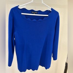 Cable & Gauge Blue Sweater w/ Scallop Neckline and Hem